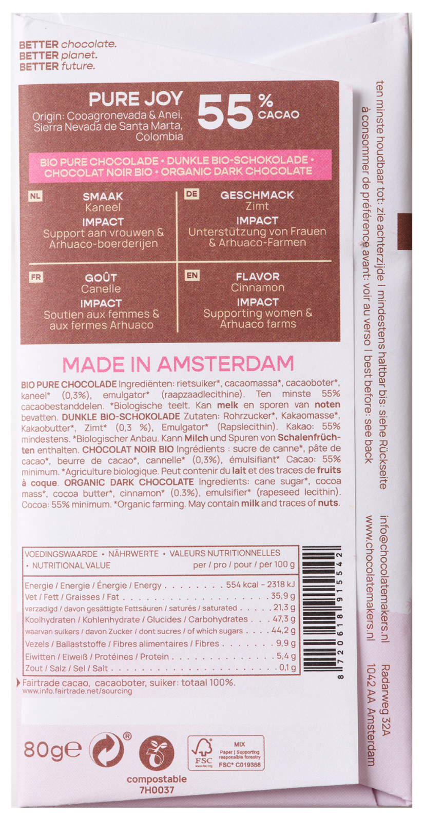 Colombia 55% cacao | Pure chocolade met kaneel
